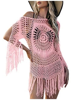 AOLRO Women's Swimsuit Cover Up Crochet Bikini Beach Bathing Suit Hollow Out Tassel Coverups