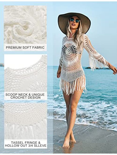 AOLRO Women's Swimsuit Cover Up Crochet Bikini Beach Bathing Suit Hollow Out Tassel Coverups