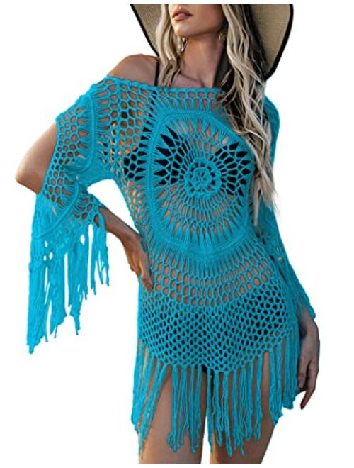 AOLRO Women's Swimsuit Cover Up Crochet Bikini Beach Bathing Suit Hollow Out Tassel Coverups