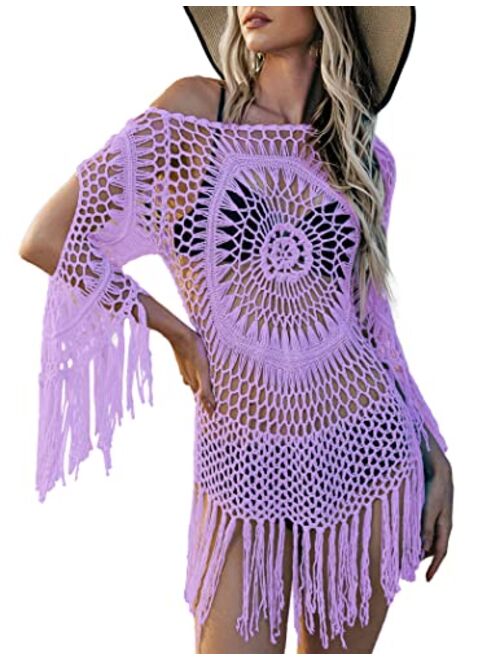 AOLRO Women's Swimsuit Cover Up Crochet Bikini Beach Bathing Suit Hollow Out Tassel Coverups