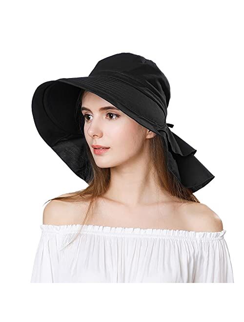 Comhats Siggi Summer Pony Tail Flap Cap UPF 50+ Cotton Sun Hat with Ponytail Hole Neck Cover Cord for Women 55-61cm