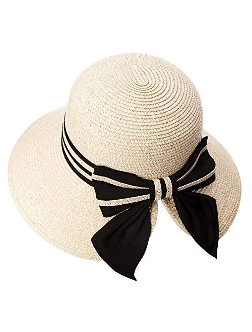 Comhats Womens Floppy Summer Sun Beach Straw Hat UPF50 Foldable Wide Brim 55-60cm