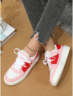 Women Colorblock Lace-up Front Skate Shoes, Sporty Sneakers