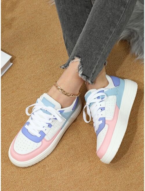 Shein Women Colorblock Lace-up Front Skate Shoes, Sporty Sneakers