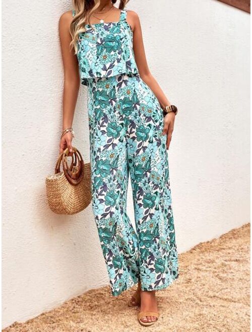 SHEIN VCAY Allover Floral Print Wide Leg Cami Jumpsuit