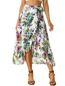 Women's Tropical Floral Print Ruffle Self Tie Knot Split Beach Wrap Midi Skirt