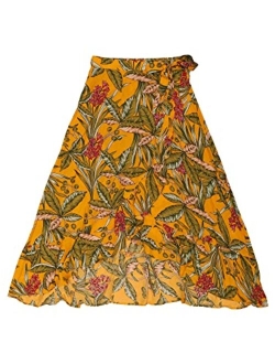 Women's Tropical Floral Print Ruffle Self Tie Knot Split Beach Wrap Midi Skirt