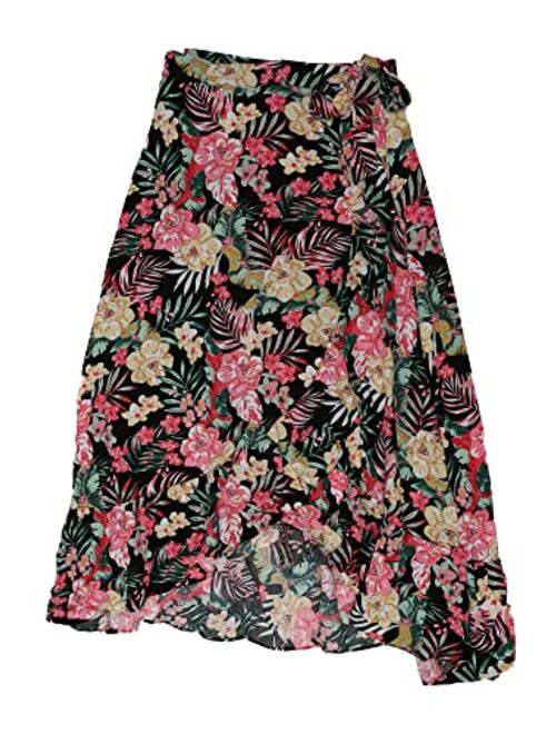 Allegra K Women's Tropical Floral Print Ruffle Self Tie Knot Split Beach Wrap Midi Skirt