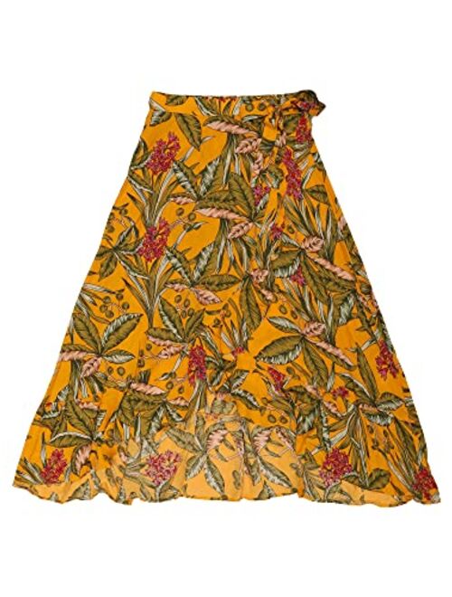 Allegra K Women's Tropical Floral Print Ruffle Self Tie Knot Split Beach Wrap Midi Skirt