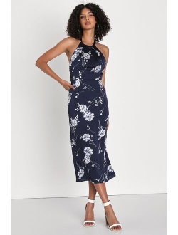 Stunning Chic Green Floral Print Halter Midi Dress