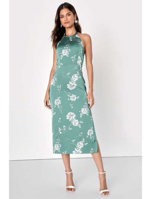 Lulus Stunning Chic Green Floral Print Halter Midi Dress