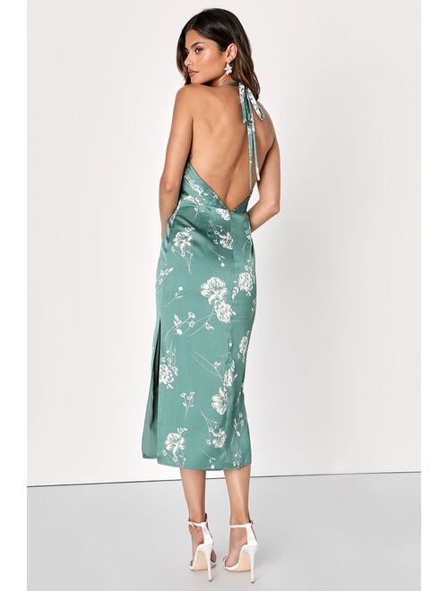 Lulus Stunning Chic Green Floral Print Halter Midi Dress