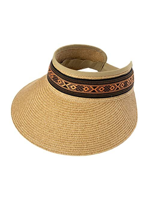 Comhats Sun Visor Hat for Women,Wide Brim Straw Visors,Packable Ponytail Beach hat Roll Up Travel UPF 50 for Summer