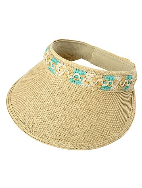 Comhats Sun Visor Hat for Women,Wide Brim Straw Visors,Packable Ponytail Beach hat Roll Up Travel UPF 50 for Summer