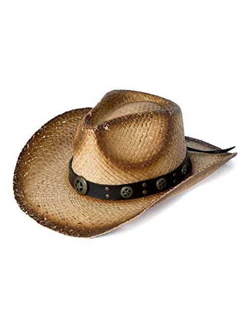 Comhats Western Style Round Cowboy Straw Hat Ladies Fedora Chin Cord Vegan Leather Band Shapeable Brim Beach Cowgirl