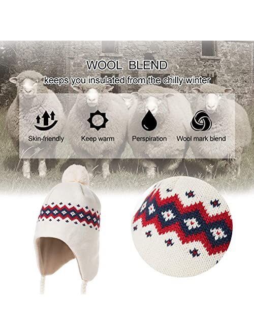 Comhats Wool Peruvian Earflap Beanie Hat Fleece Lined Winter Snow Ski Hat Ladies