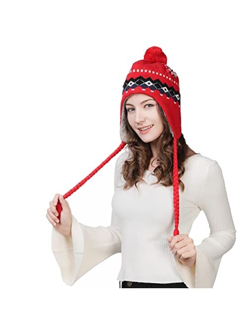 Comhats Wool Peruvian Earflap Beanie Hat Fleece Lined Winter Snow Ski Hat Ladies