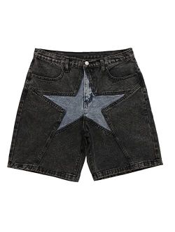 Men's Star Patchwork Denim Shorts Mid Rise Stretchy Patchwork Jeans Shorts Casual Denim Shorts Streetwear