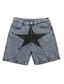 Men's Star Patchwork Denim Shorts Mid Rise Stretchy Patchwork Jeans Shorts Casual Denim Shorts Streetwear