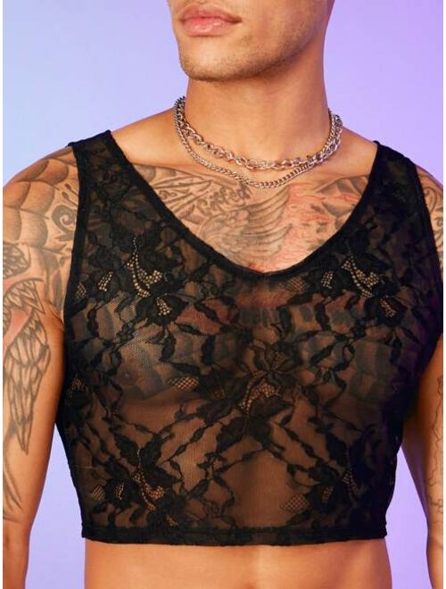 SHEIN Men Solid Crop Lace Tank Top