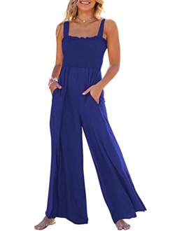 Women's Casual Loose Sleeveless Tank Jumpsuits Square Collar Smocked Wide Leg Jumpsuit Rompers with Pockets