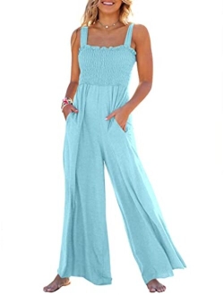 Women's Casual Loose Sleeveless Tank Jumpsuits Square Collar Smocked Wide Leg Jumpsuit Rompers with Pockets