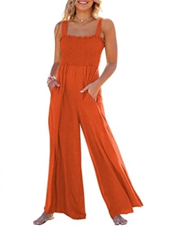 Women's Casual Loose Sleeveless Tank Jumpsuits Square Collar Smocked Wide Leg Jumpsuit Rompers with Pockets