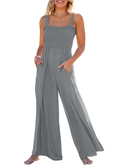 Women's Casual Loose Sleeveless Tank Jumpsuits Square Collar Smocked Wide Leg Jumpsuit Rompers with Pockets