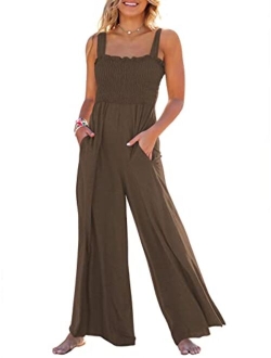 Women's Casual Loose Sleeveless Tank Jumpsuits Square Collar Smocked Wide Leg Jumpsuit Rompers with Pockets