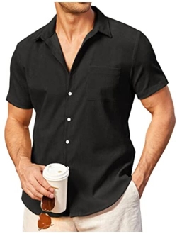 Mens Short Sleeve Corduroy Shirt Casual Button Down Shirts Summer Beach Shirt