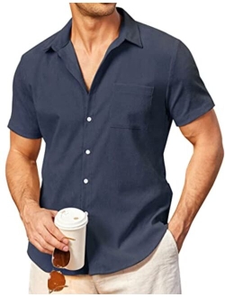 Mens Short Sleeve Corduroy Shirt Casual Button Down Shirts Summer Beach Shirt