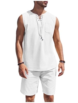 Mens Linen Sets Outfits 2 Piece Beach Drawstring Tank Tops Sleeveless Shirt Matching Shorts Set