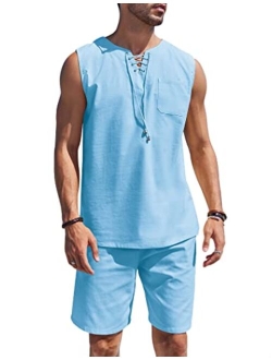 Mens Linen Sets Outfits 2 Piece Beach Drawstring Tank Tops Sleeveless Shirt Matching Shorts Set