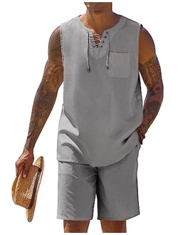 Mens Linen Sets Outfits 2 Piece Beach Drawstring Tank Tops Sleeveless Shirt Matching Shorts Set