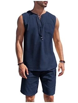 Mens Linen Sets Outfits 2 Piece Beach Drawstring Tank Tops Sleeveless Shirt Matching Shorts Set