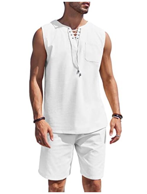 COOFANDY Mens Linen Sets Outfits 2 Piece Beach Drawstring Tank Tops Sleeveless Shirt Matching Shorts Set