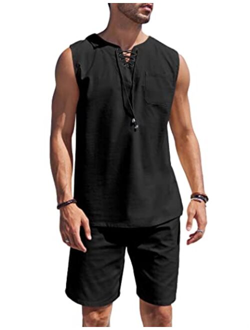 COOFANDY Mens Linen Sets Outfits 2 Piece Beach Drawstring Tank Tops Sleeveless Shirt Matching Shorts Set