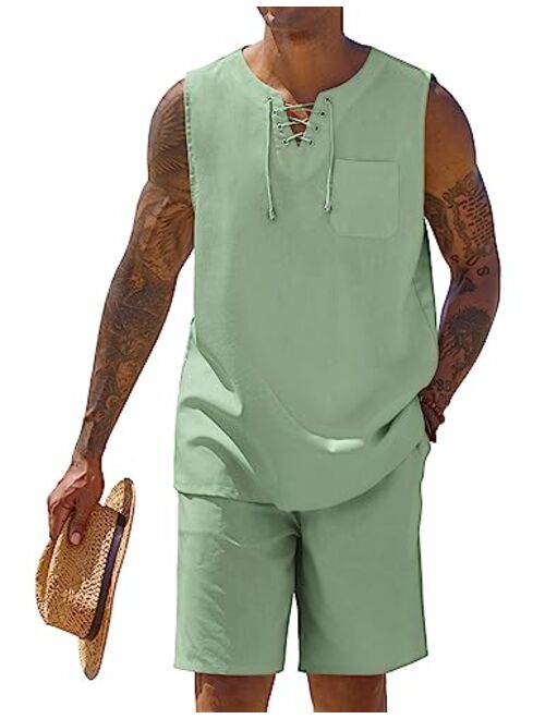 COOFANDY Mens Linen Sets Outfits 2 Piece Beach Drawstring Tank Tops Sleeveless Shirt Matching Shorts Set