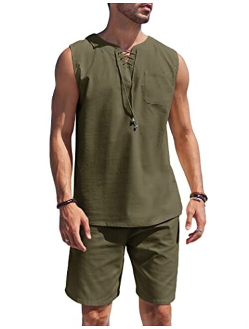 COOFANDY Mens Linen Sets Outfits 2 Piece Beach Drawstring Tank Tops Sleeveless Shirt Matching Shorts Set