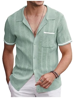 Men's Short Sleeve Knit Shirts Vintage Button Down Polo Shirt Casual Beach Tops