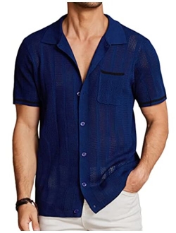 Men's Short Sleeve Knit Shirts Vintage Button Down Polo Shirt Casual Beach Tops