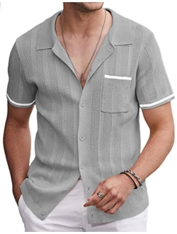 Men's Short Sleeve Knit Shirts Vintage Button Down Polo Shirt Casual Beach Tops