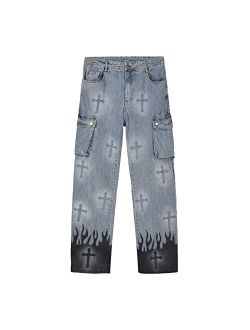 Mens Graphic Print Y2K Streetwear Fashion Jeans Baggy Straight Fit Wide Leg Pants Casual Denim Trousers