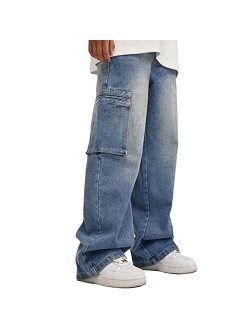 Mens Graphic Print Y2K Streetwear Fashion Jeans Baggy Straight Fit Wide Leg Pants Casual Denim Trousers