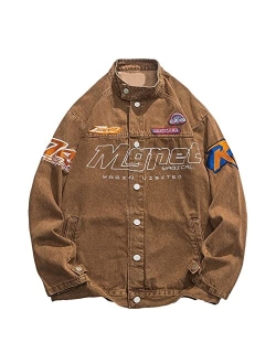 Mens Motorcycle Jackets Varsity Jacket Vintage Letter Print Patchwork Jacket Beige Oversized Overcoats