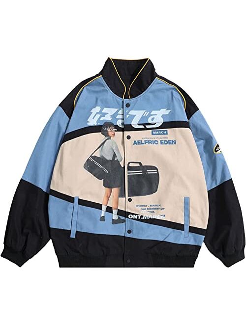 Aelfric Eden Mens Motorcycle Jackets Varsity Jacket Vintage Letter Print Patchwork Jacket Beige Oversized Overcoats