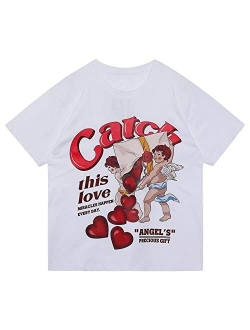 Womens Pink Graphic Heart Print Shirt Love Angel Cartoon Casual Tee
