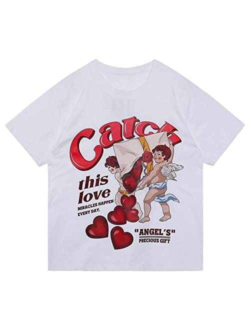 Aelfric Eden Womens Pink Graphic Heart Print Shirt Love Angel Cartoon Casual Tee