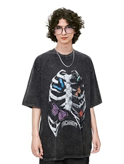 Men's Oversized Streetwear Skeleton Shirt Vintage Skull Graphic Tees Halloween Unisex Tshirt Pullover Casual Top