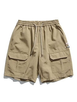 Men's 90s Patchwork Sweat Shorts Multi-Pockets Elastic Waist Cargo Short Streetwear Casual Shorts